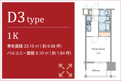D3type,1K,専有面積 23.10㎡ (約6.98坪）バルコニー面積 6.10㎡ (約1.84坪）